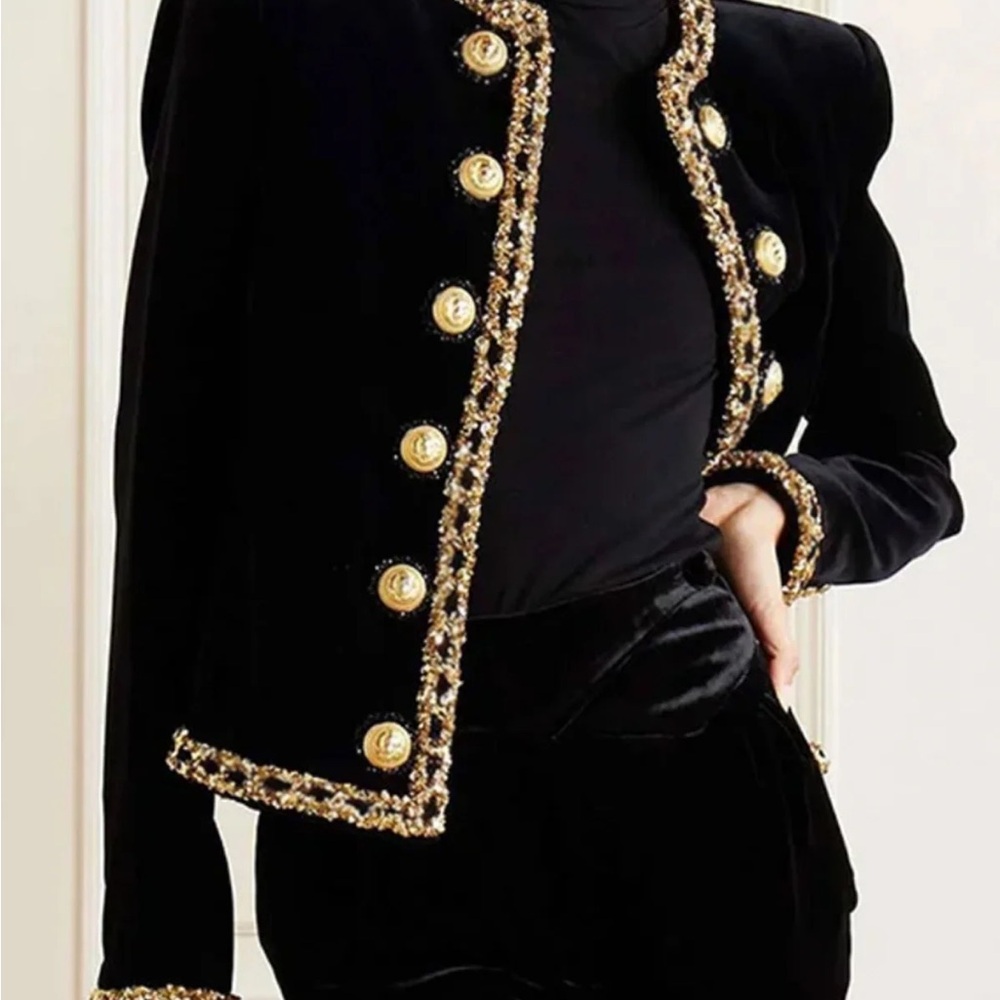 Black Velvet Military Jacket with Gold Buttons